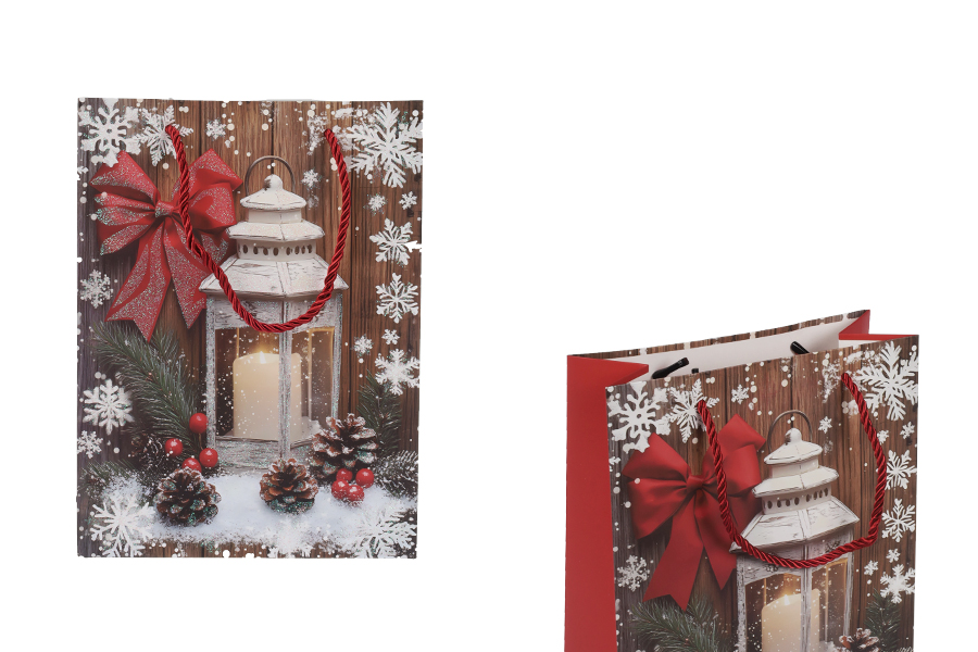 Хартиени подаръчни торбички 180x85x240 мм (210 г) с коледен фенер с усукана червена връвчица за дръжка - 12 бр.-изображение_продукт