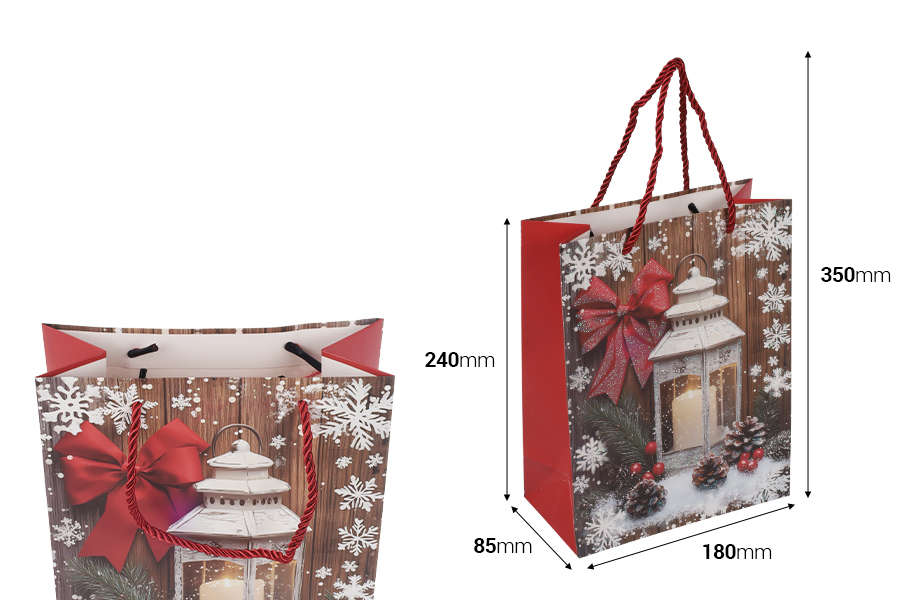 Хартиени подаръчни торбички 180x85x240 мм (210 г) с коледен фенер с усукана червена връвчица за дръжка - 12 бр.-изображение_размери