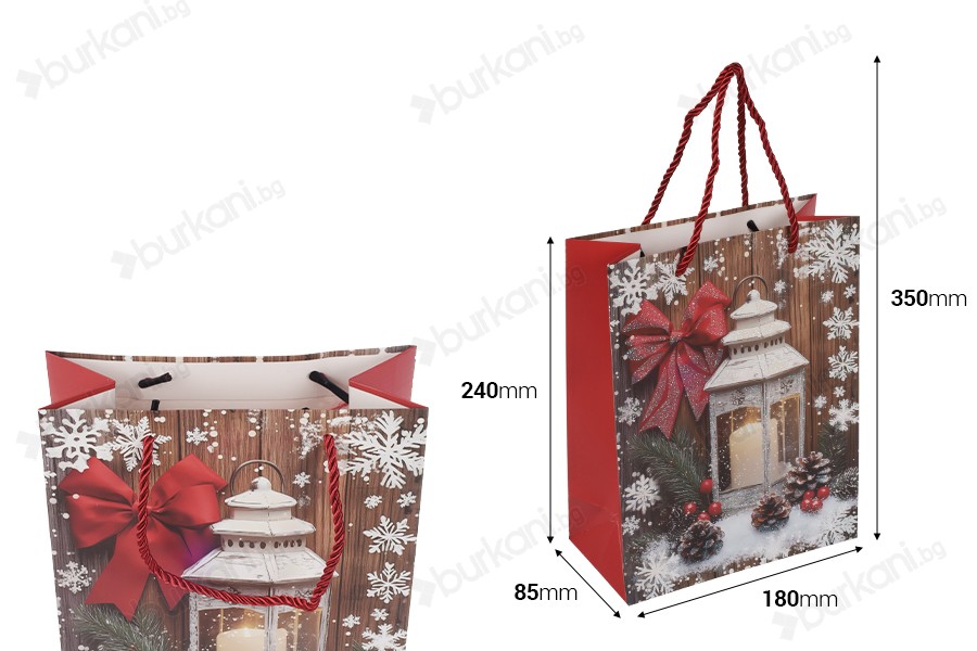Хартиени подаръчни торбички 180x85x240 мм (210 г) с коледен фенер с усукана червена връвчица за дръжка - 12 бр.-изображение_размери
