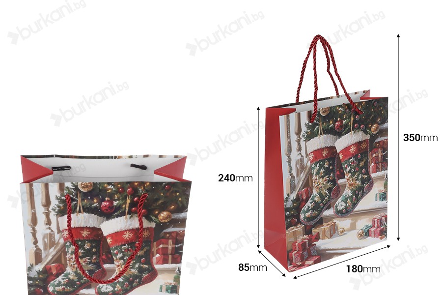 Хартиени подаръчни торбички 180x85x240 мм (210 г)  с дизайн  коледен чорап с червена усукана връвчица за дръжка - 12 бр.-изображение_размери