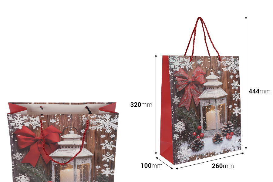 Хартиени подаръчни торбички 260x100x320 мм (210 г) с дизайн коледен фенер с червена усукана дръжка - 12 бр.-изображение_размери