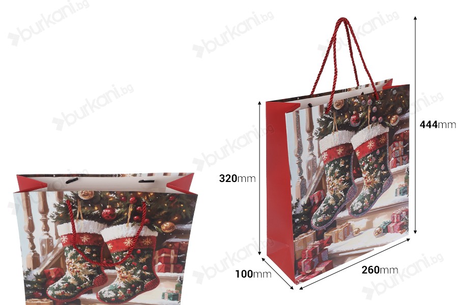 Хартиени подаръчни торбички 260x100x320 мм (210 г) с дизайн коледен чорап с червен шнур за дръжка - 12 бр.-изображение_размери