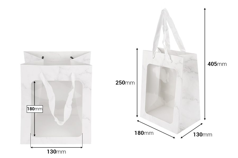 Хартиени подаръчни торбички 180x130x250 мм с прозорец и панделка за дръжка - 12 бр.-изображение_размери