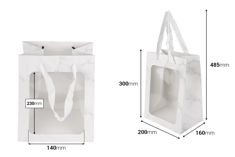 Хартиени подаръчни торбички 200x160x300 мм с прозорец и панделка за дръжка - 12 бр.-изображение_размери