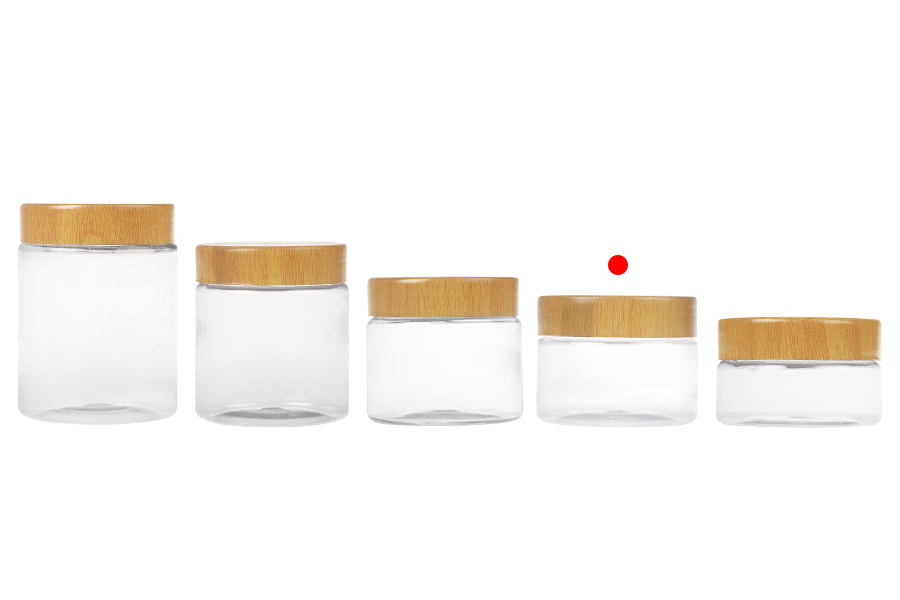 Пластмасов PET буркан 100 мл прозрачен с капачка с дървен мотив и пластмасово уплътнение - 12 бр.-изображение_група