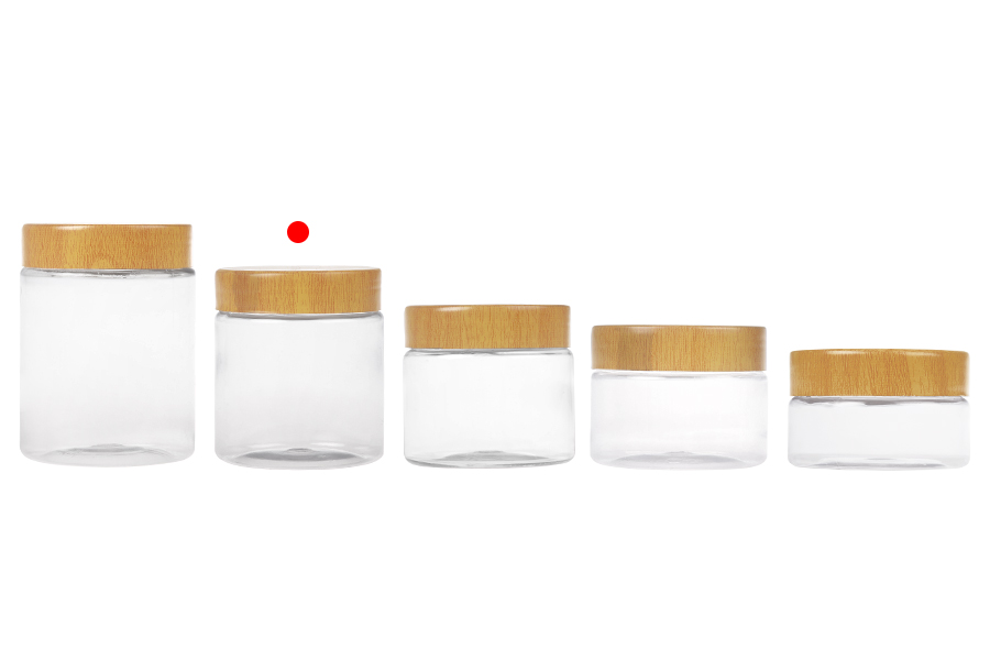 Пластмасов PET буркан 200 мл прозрачен с капачка с дървен мотив и пластмасово уплътнение - 12 бр.-изображение_група