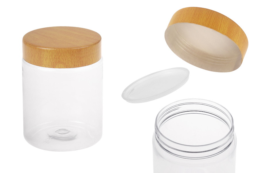 Пластмасов PET буркан 250 мл прозрачен с капачка с дървен мотив и пластмасово уплътнение - 12 бр.-изображение_продукт