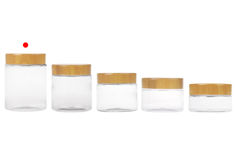 Пластмасов PET буркан 250 мл прозрачен с капачка с дървен мотив и пластмасово уплътнение - 12 бр.-изображение_група