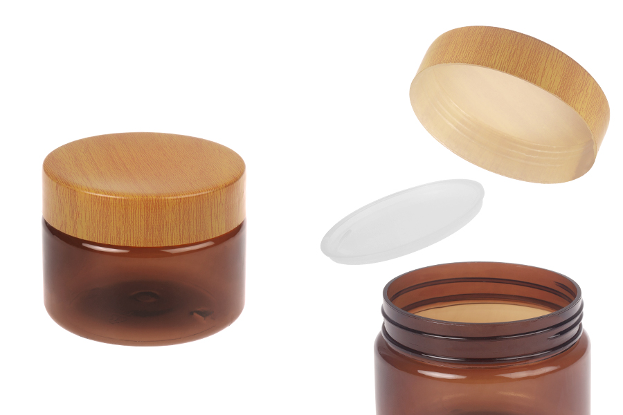 Пластмасов  карамелен PET буркан 100 мл с капачка с дървен мотив и пластмасов уплътнител - 12 бр. -изображение_продукт