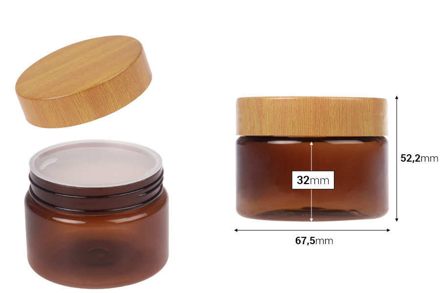 Пластмасов  карамелен PET буркан 100 мл с капачка с дървен мотив и пластмасов уплътнител - 12 бр. -изображение_размери