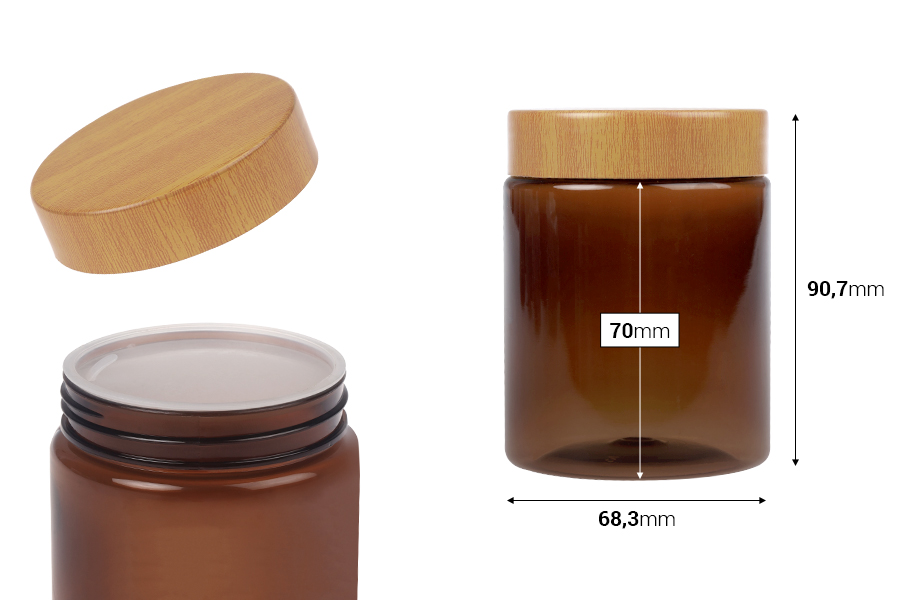 Пластмасов карамелен PET буркан 250 мл с капачка и пластмасово уплътнение - 12 бр.-изображение_размери