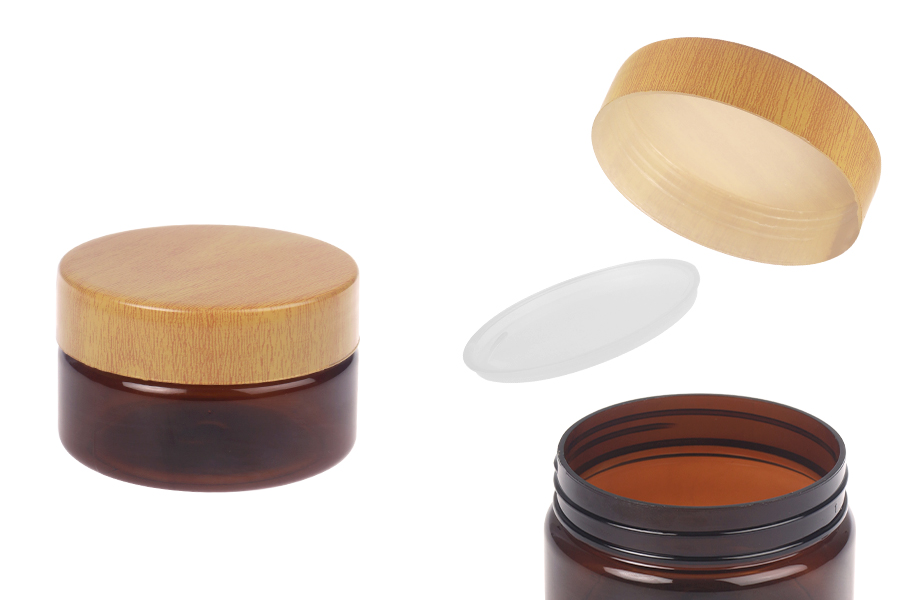 Пластмасов карамелен PET буркан 50 мл с капачка с дървен мотив и пластмасово уплътнение - 12 бр.-изображение_продукт