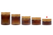 Пластмасов карамелен PET буркан 50 мл с капачка с дървен мотив и пластмасово уплътнение - 12 бр.-изображение_група
