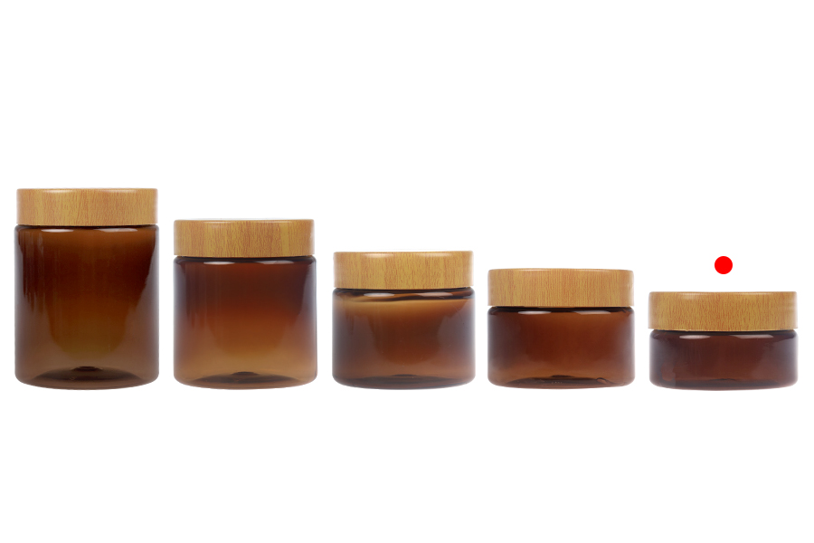Пластмасов карамелен PET буркан 50 мл с капачка с дървен мотив и пластмасово уплътнение - 12 бр.-изображение_група