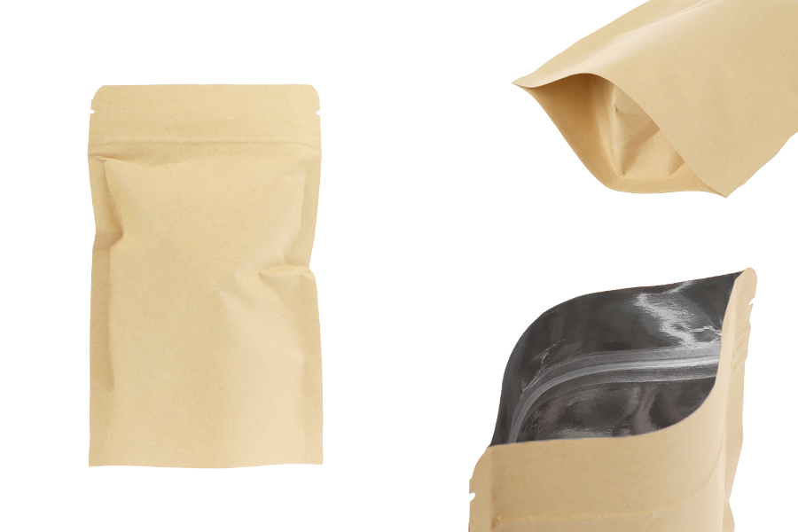 Крафт торбички с размер  Doy Pack 110x30x185 мм, с алуминиевo вътрешно покритие, закопчаване с "цип" и възможност за  термозапечатване - 50 бр.-изображение_продукт