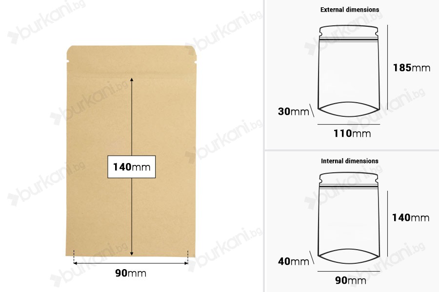Крафт торбички с размер  Doy Pack 110x30x185 мм, с алуминиевo вътрешно покритие, закопчаване с "цип" и възможност за  термозапечатване - 50 бр.-изображение_размери