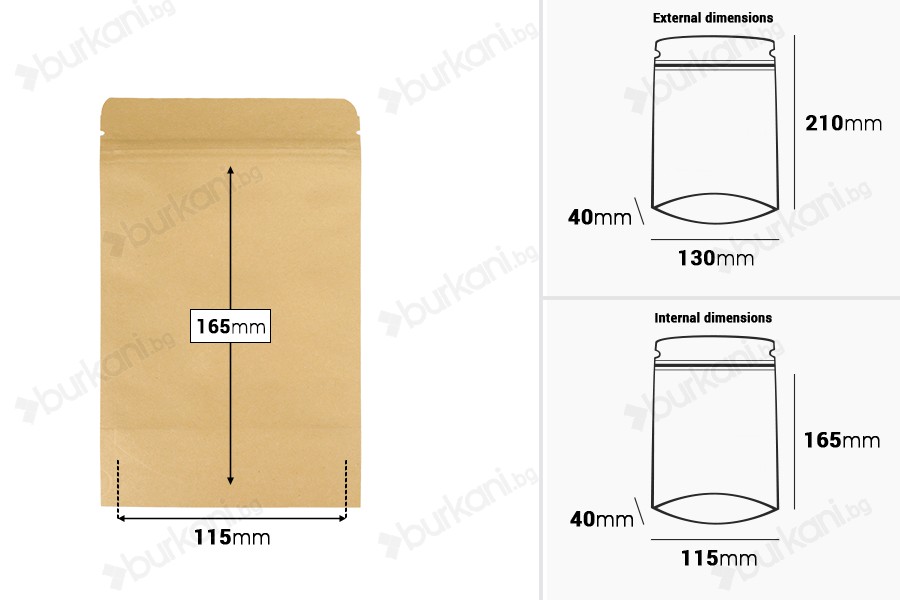 Опаковка тип "DOY PACK" , с вътрешна алуминиева облицовка, с размери 130x40x210 mm - 50 броя-изображение_размери
