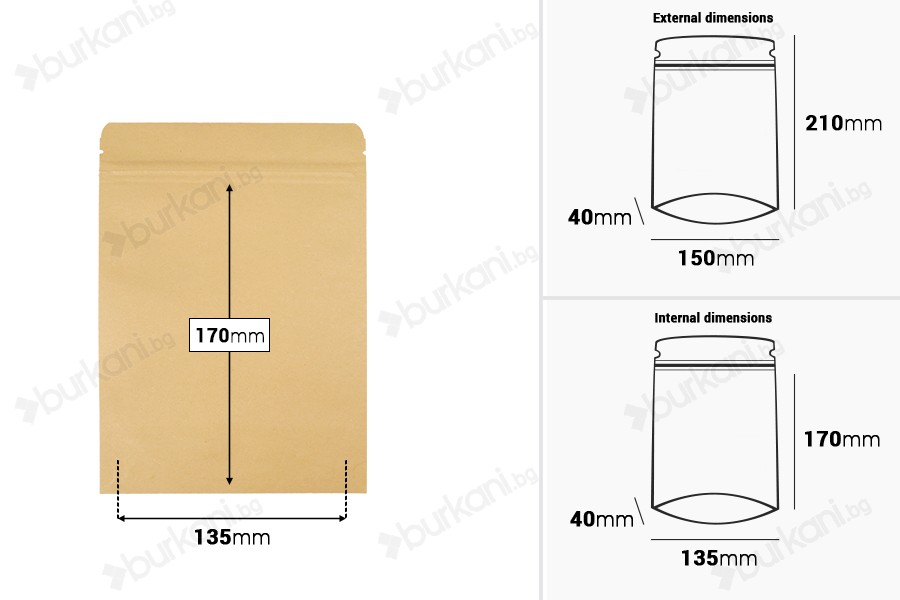 Крафт опаковка тип DOY PACK с размери 150x40x210 mm - 50 бр.-изображение_размери