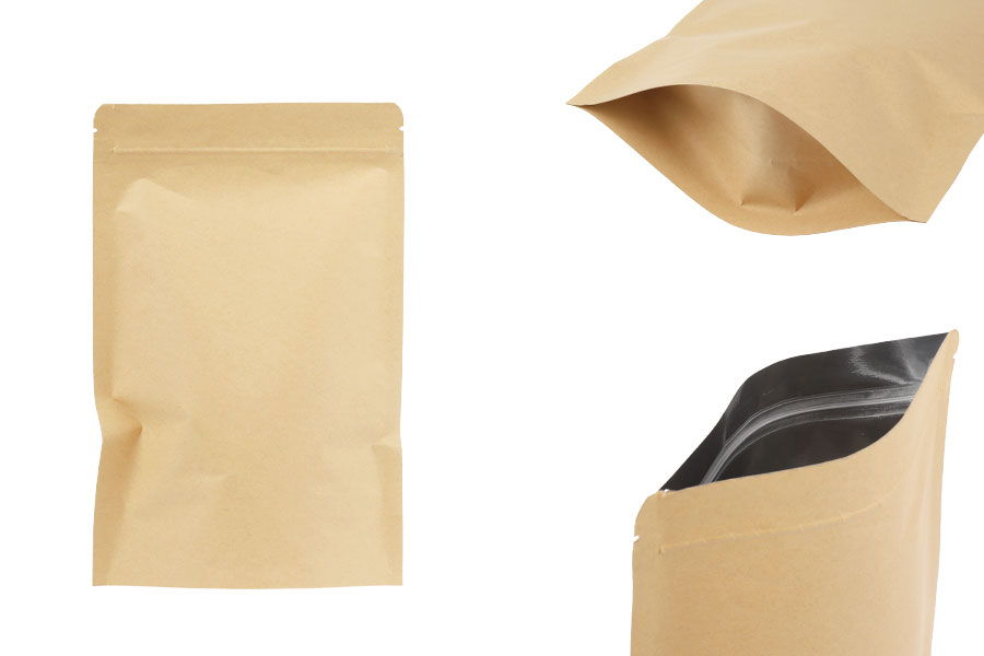 Крафт торбички тип  Doy Pack с размер 150x40x240 мм, с алуминиево вътрешно покритие, закопчаване с "цип" и възможност за  термозапечатване - 50 бр.-изображение_продукт