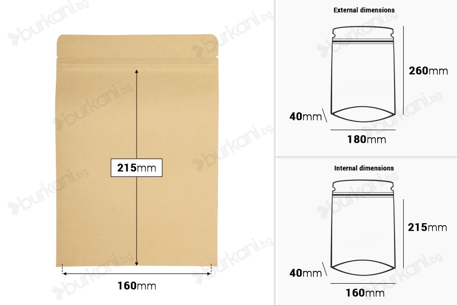 Крафт торбички тип с размер Doy Pack 180x40x260 мм, с алуминиево вътрешно покритие , закопчаване с "цип" и термозапечатване - 50 бр.-изображение_размери