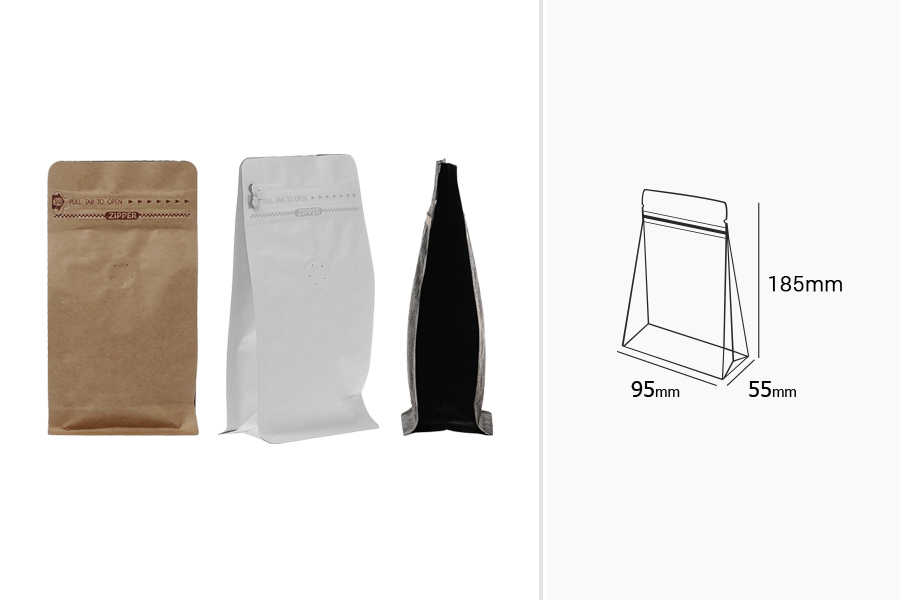 Алуминиеви опаковки  Doy Pack с вентил и "цип" затваряне термозапечатване (термозапечатване) , въшна крафт облицовка, с размери 95x55x185 mm ( НЕ Е ЗА РЪЧНО ЗА ПЕЧАТВАНЕ)-изображение_размери