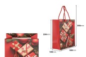 Коледни хартиени червени подаръчни торбички 180x100x230 мм с празничен дизайн и червен шнур - 12 броя микс дизайни-изображение_размери