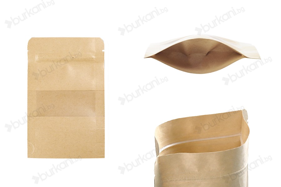 Крафт опаковка тип DOY PACK 90x30x140 mm с цип и прозорец,  с външна и вътрешна облицовка прозрачна - 100 бр.-изображение_продукт