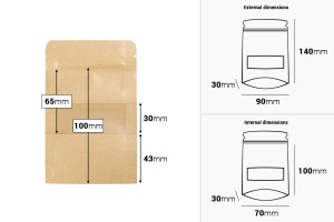 Крафт опаковка тип DOY PACK 90x30x140 mm с цип и прозорец,  с външна и вътрешна облицовка прозрачна - 100 бр.-изображение_размери