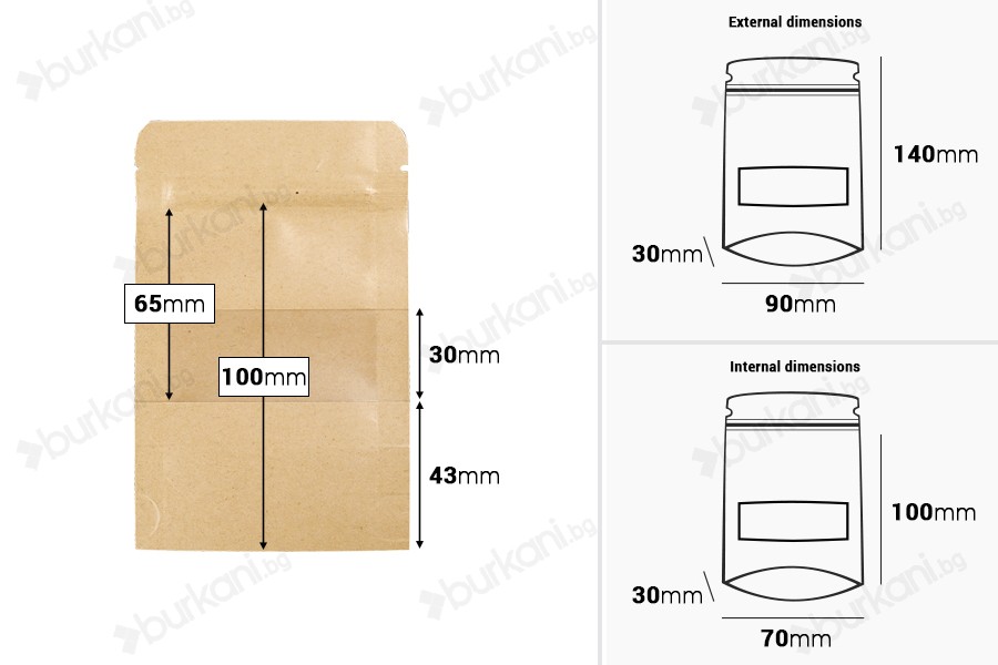 Крафт опаковка тип DOY PACK 90x30x140 mm с цип и прозорец,  с външна и вътрешна облицовка прозрачна - 100 бр.-изображение_размери