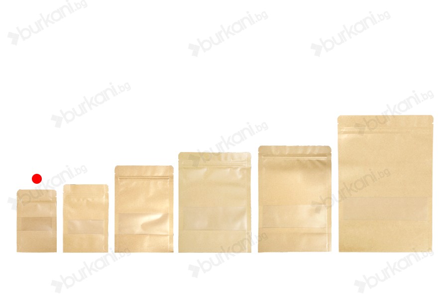 Крафт опаковка тип DOY PACK 90x30x140 mm с цип и прозорец,  с външна и вътрешна облицовка прозрачна - 100 бр.-изображение_група