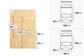 Крафт опаковка тип DOY PACK  100x30x150 мм с цип и прозорец,  с външна и вътрешна облицовка прозрачна с възможност за термозапечатване - 100 бр.-изображение_размери