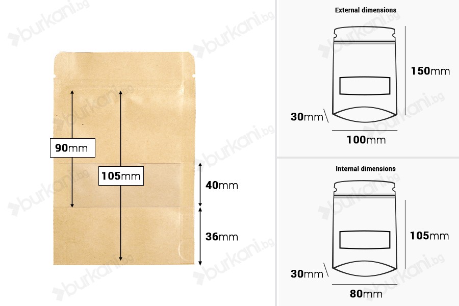 Крафт опаковка тип DOY PACK  100x30x150 мм с цип и прозорец,  с външна и вътрешна облицовка прозрачна с възможност за термозапечатване - 100 бр.-изображение_размери