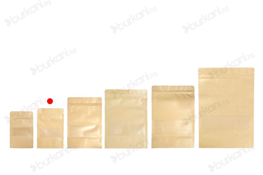 Крафт опаковка тип DOY PACK  100x30x150 мм с цип и прозорец,  с външна и вътрешна облицовка прозрачна с възможност за термозапечатване - 100 бр.-изображение_група