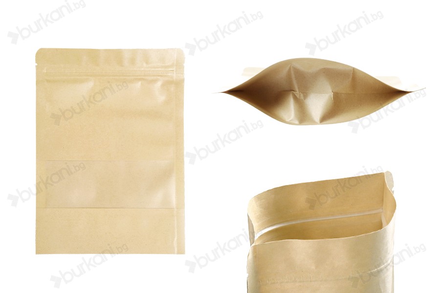 Крафт опаковка тип DOY PACK 160x40x220 mm с цип и прозорец,  с външна и вътрешна облицовка прозрачна - 100 бр.-изображение_продукт
