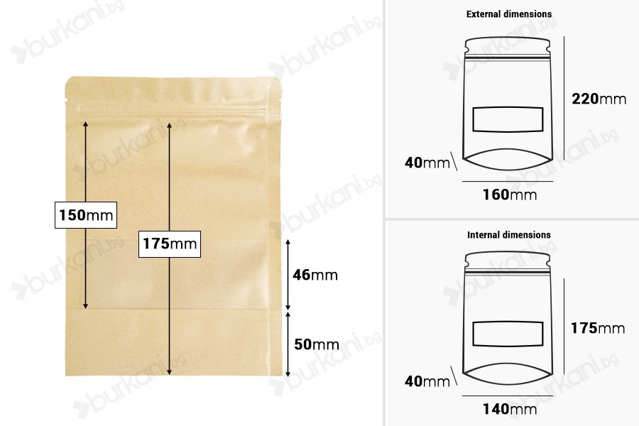 Крафт опаковка тип DOY PACK 160x40x220 mm с цип и прозорец,  с външна и вътрешна облицовка прозрачна - 100 бр.-изображение_размери
