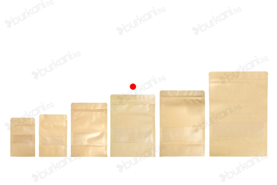 Крафт опаковка тип DOY PACK 160x40x220 mm с цип и прозорец,  с външна и вътрешна облицовка прозрачна - 100 бр.-изображение_група