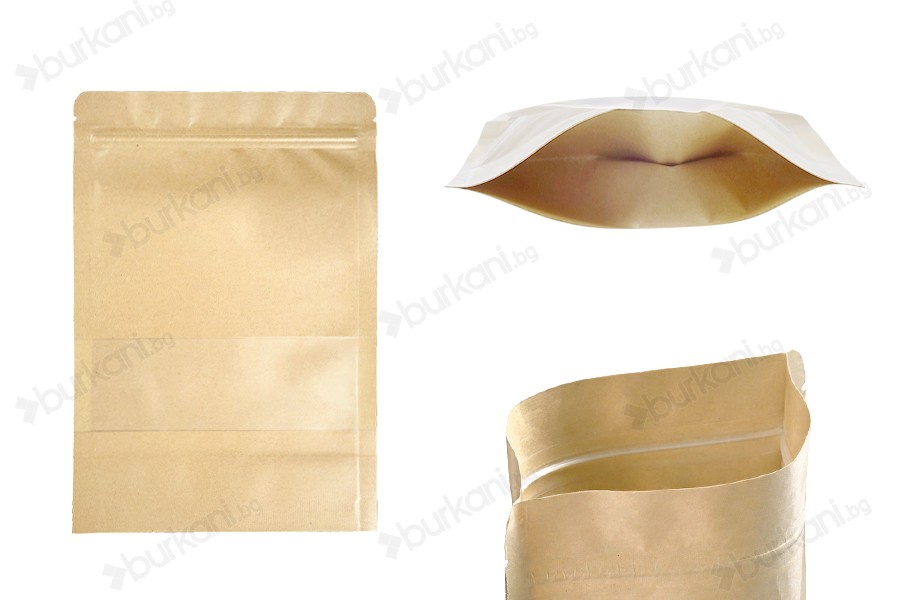 Крафт опаковка тип DOY PACK  170x40x240 mm с цип и прозорец,  с външна и вътрешна облицовка прозрачна - 100 бр.-изображение_продукт