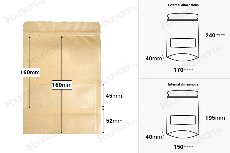 Крафт опаковка тип DOY PACK  170x40x240 mm с цип и прозорец,  с външна и вътрешна облицовка прозрачна - 100 бр.-изображение_размери