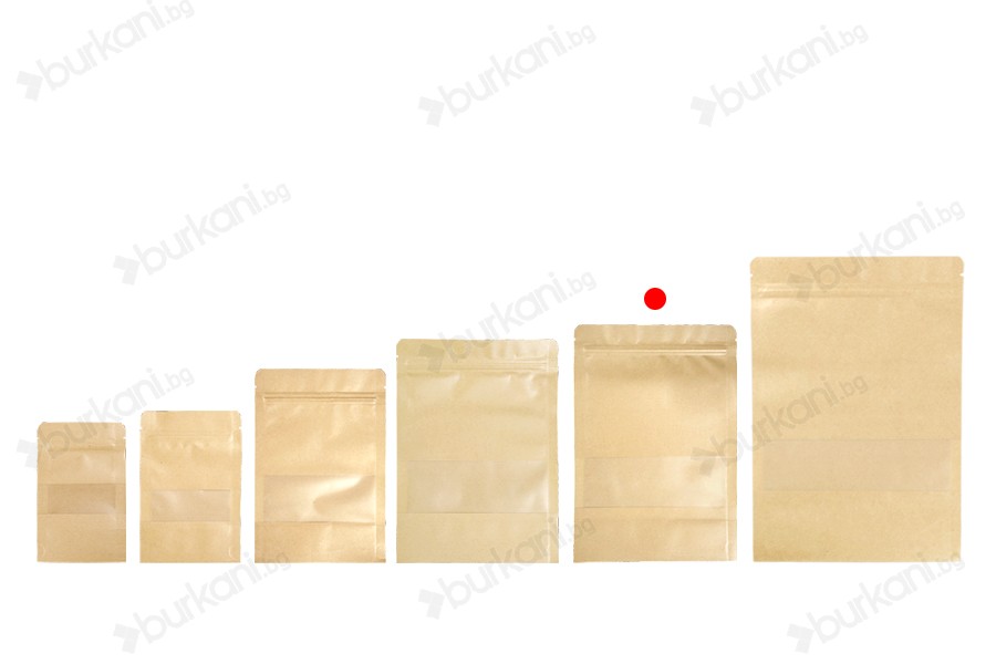 Крафт опаковка тип DOY PACK  170x40x240 mm с цип и прозорец,  с външна и вътрешна облицовка прозрачна - 100 бр.-изображение_група