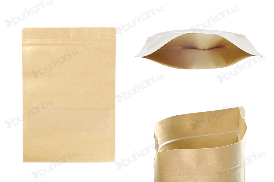 Крафт опаковка тип DOY PACK  200x50x295 mm с цип и прозорец, с външна и вътрешна облицовка прозрачна с възможност за термозапечатване - 100 бр.-изображение_продукт