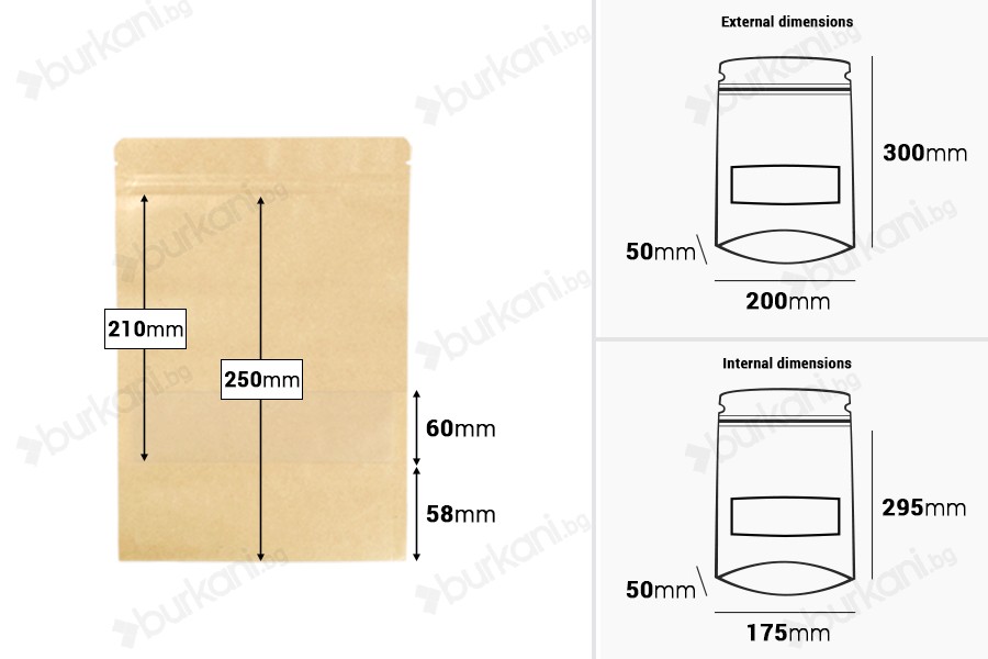 Крафт опаковка тип DOY PACK  200x50x295 mm с цип и прозорец, с външна и вътрешна облицовка прозрачна с възможност за термозапечатване - 100 бр.-изображение_размери