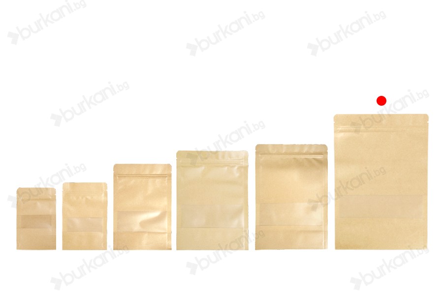 Крафт опаковка тип DOY PACK  200x50x295 mm с цип и прозорец, с външна и вътрешна облицовка прозрачна с възможност за термозапечатване - 100 бр.-изображение_група