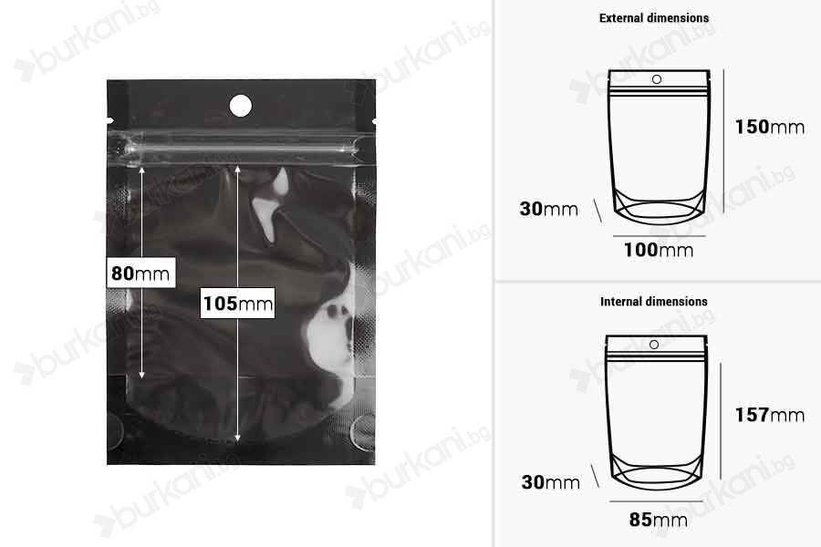 Торбички тип Doy Pack 100x30x150 мм алуминиеви,  с черна задна страна, прозрачна предна част с цип и възможност за термозапечатване - 100 бр.-изображение_размери