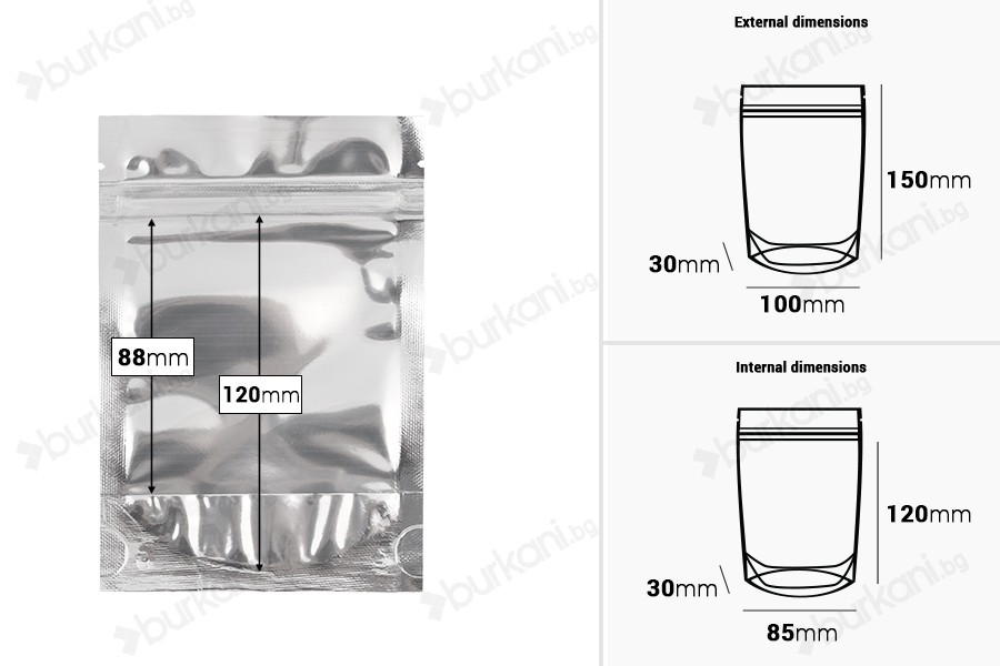 Опаковка тип Doy Pack с размери 100x30x150 mm с алуминиева задна част и прозрачна предна част с цип затваряне  - 100 бр.-изображение_размери