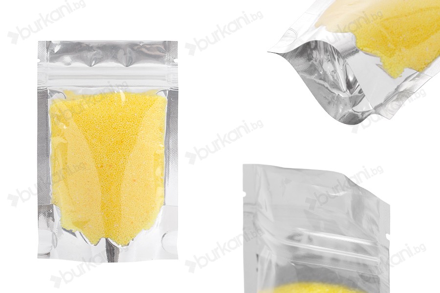 Опаковка тип  Doy Pack с размери  80х30х130 мм -  алуминиева задна част , прозрачна предна част с  цип и възможност за термозапечатване - 100 бр.-изображение_продукт