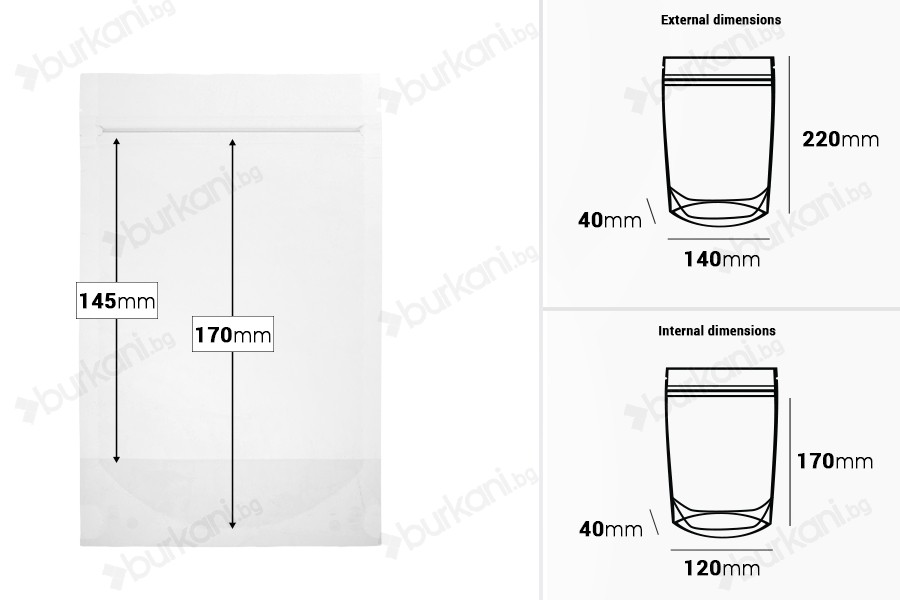 Прозрачна опаковка DOY PACK  с размери  140x40x220 mm с цип - 100 бр.-изображение_размери