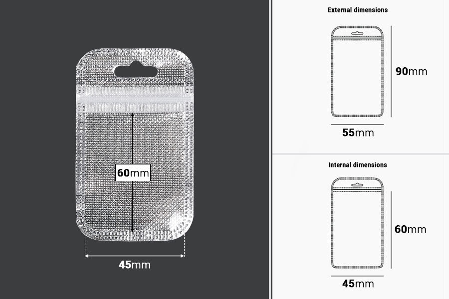 Пликчета с цип  55x90 mm, нетъкана в гръб и прозрачна  в предната част и супка Eurohole - 100 бр.-изображение_размери