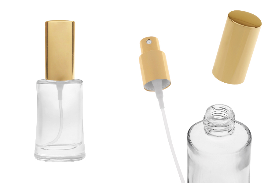 Овална стъклена бутилка 30 мл (18/415) със златиста спрей помпа за парфюми - (минимална поръчка: 1 кашон)-изображение_продукт