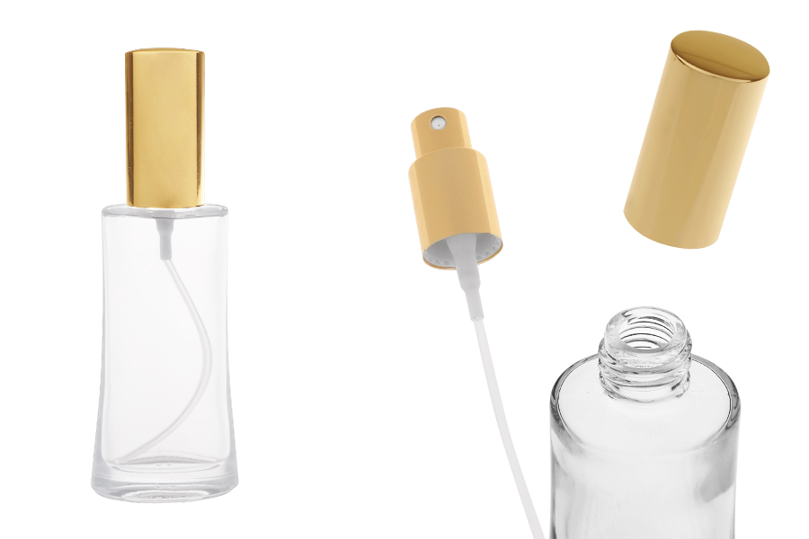 Овална стъклена бутилка 50 мл (18/415) със златиста спрей помпа  за парфюми - (минимална поръчка: 1 кашон)-изображение_продукт