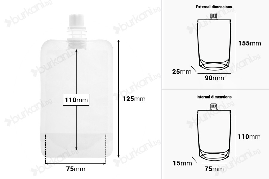 Прозрачна торбичка тип ДОЙ ПАК 100 ml  с бяла капачка - 50 бр-изображение_размери